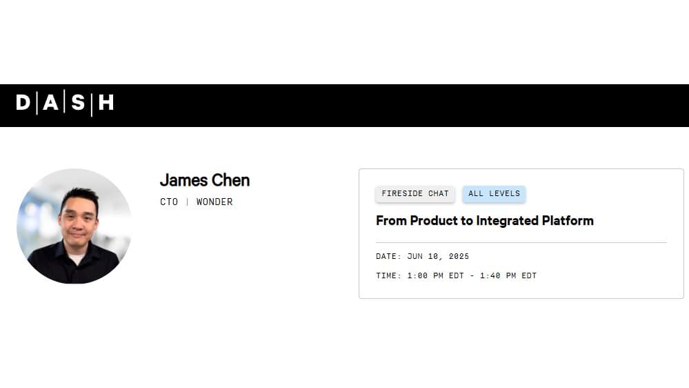 James Chen on the Datadog DASH 2025 session card for From Product to Integrated Platform.