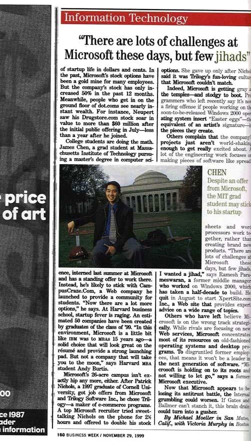 Scan of Business Week, November 29, 1999, featuring James Chen and CampusCraze.